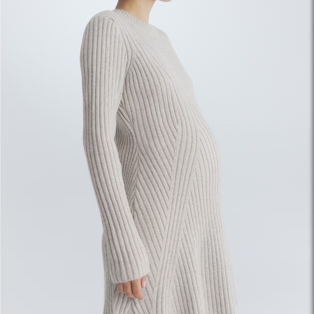 H&M Ribbed Long Sleeve Knit Midi Dress in Light Beige